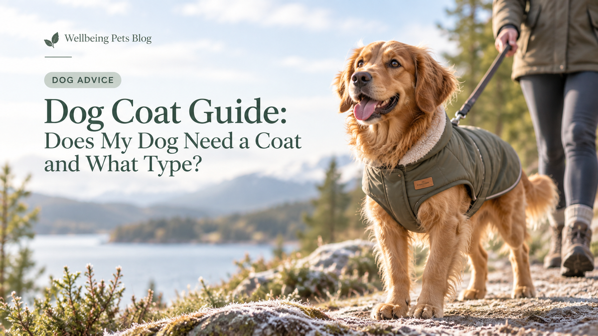 Dog wearing a warm outdoor coat on a winter walk for the Wellbeing Pets dog coat guide