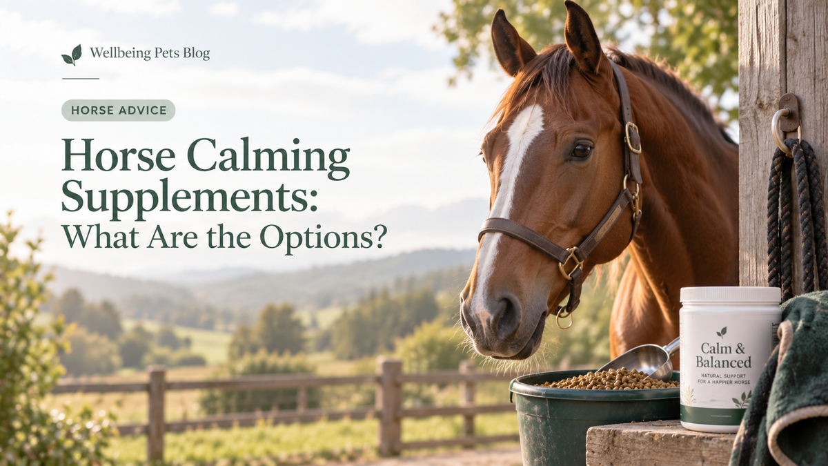 Horse beside feed and calming supplement for the Wellbeing Pets horse calming guide
