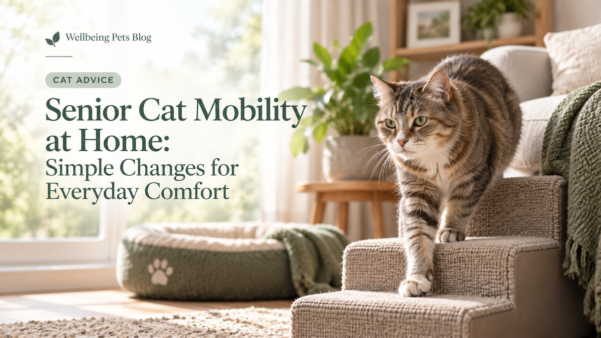 Senior cat using pet steps at home for the Wellbeing Pets cat mobility guide