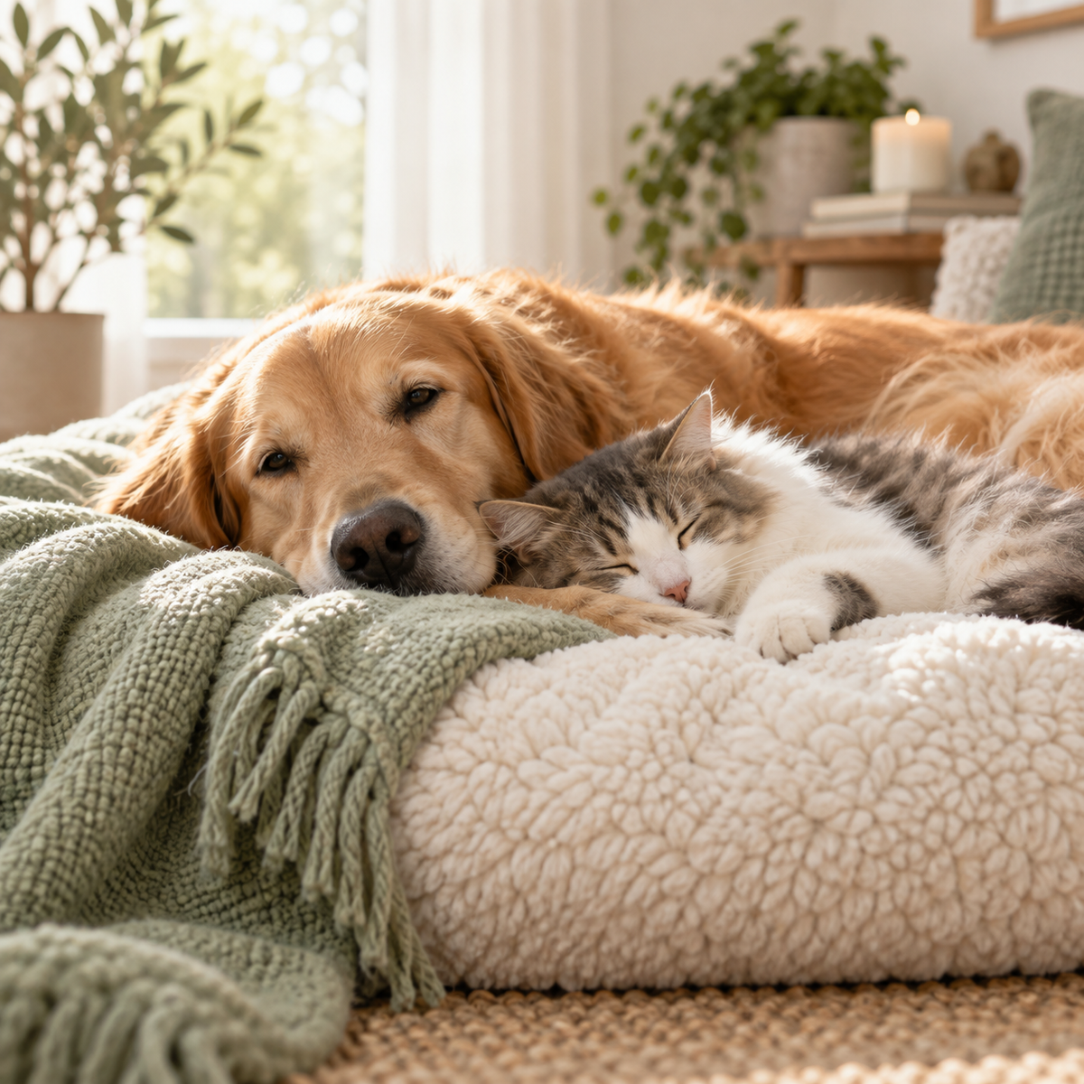 Relaxed dog and cat resting together