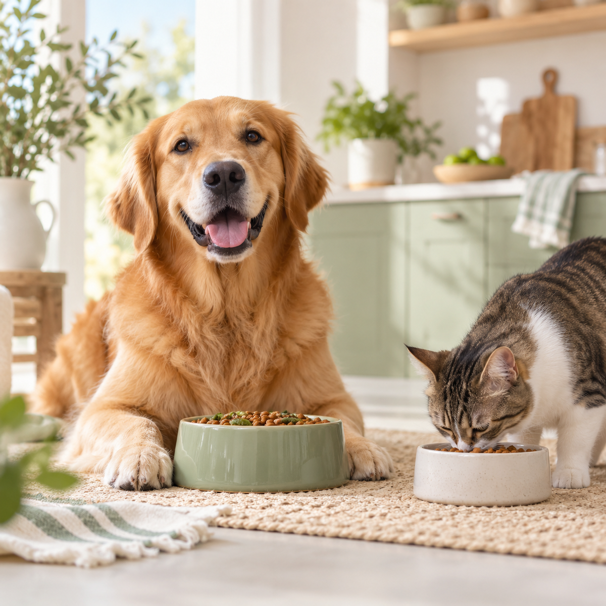 Dog and cat at mealtime for digestive health
